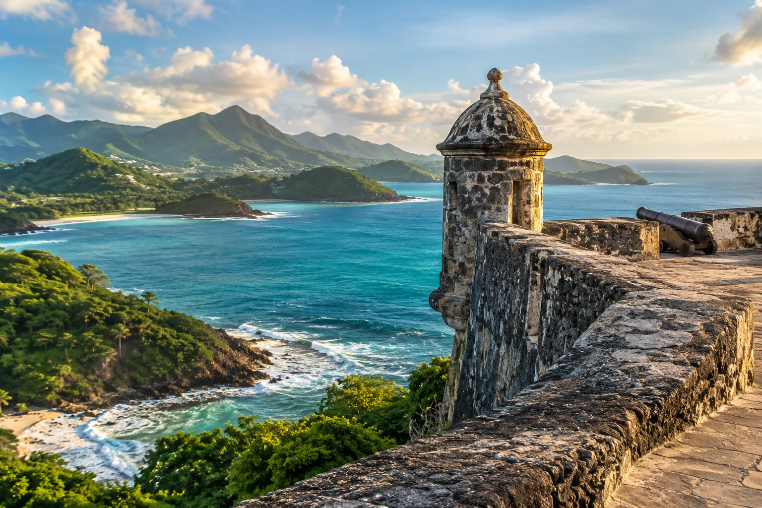Illustration: Weathered stone fortress ramparts overlooking the Caribbean Sea.