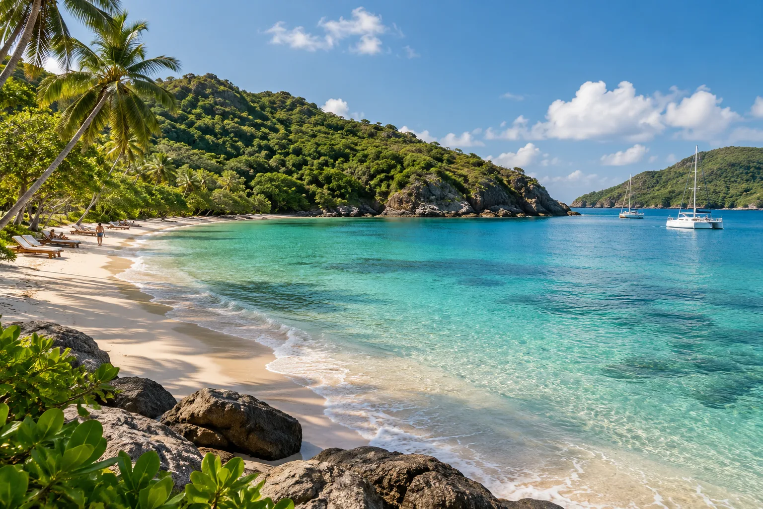 Illustration: Turquoise water and loungers along a sheltered Caribbean bay.