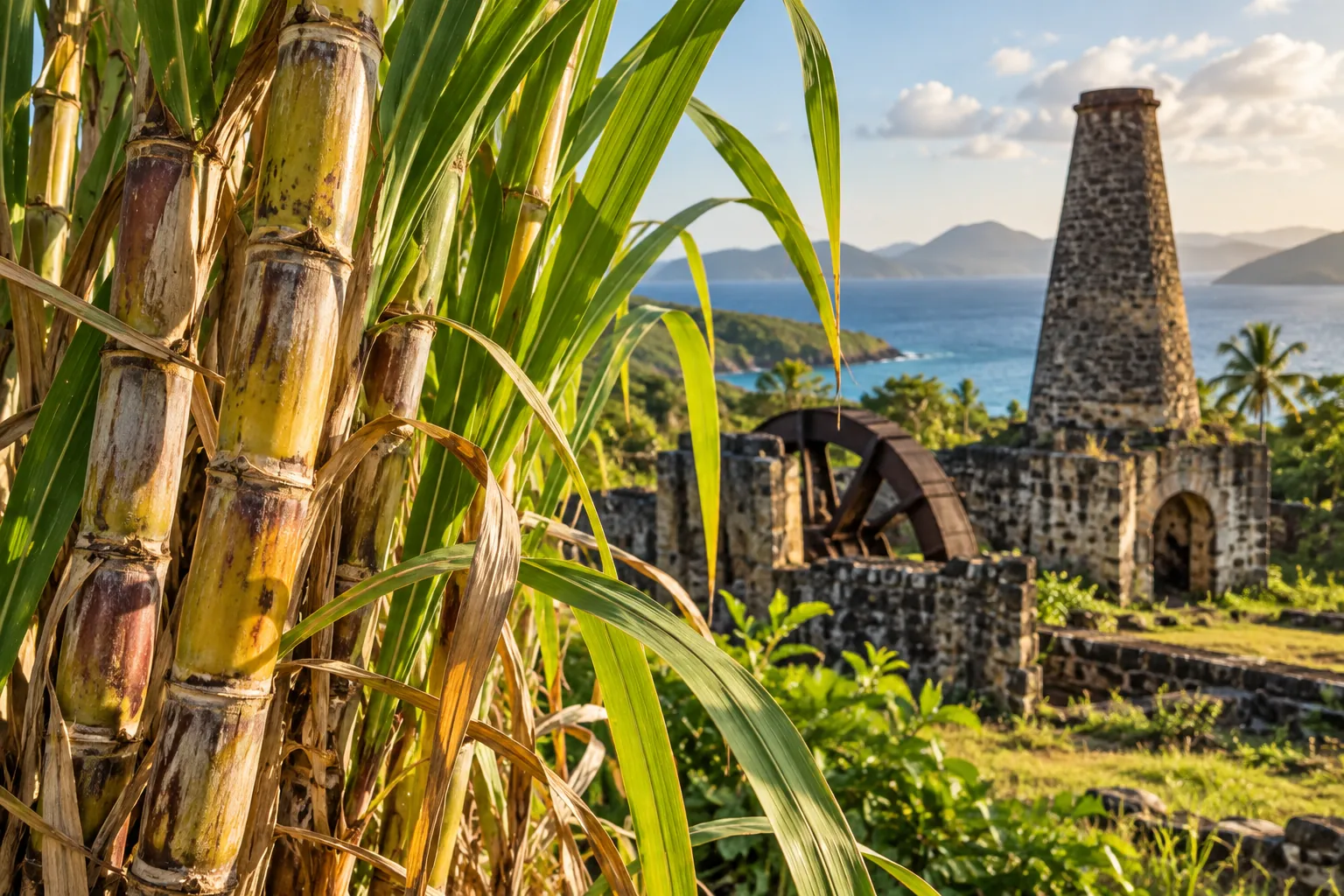 Illustration: Sunlit sugarcane with a weathered stone mill ruin in the background.