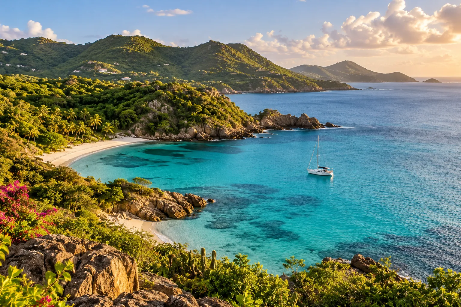 Illustration: Green Caribbean hills above turquoise coves with a small anchored boat.