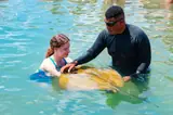 A guide helps a young guest meet a stingray in the lagoon.